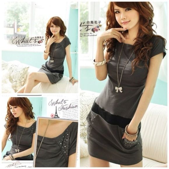 Dresses & Skirts - NWOT, Edgy Black and Grey T-Shirt Dress w/Rhinestones and Pockets - XS/S